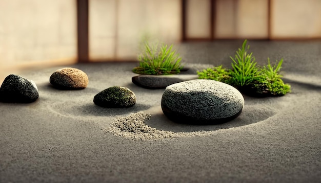 Un jardín zen con piedras y césped en el suelo