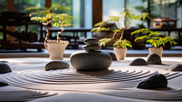 Jardín Zen con piedras lisas y arena rastrillada
