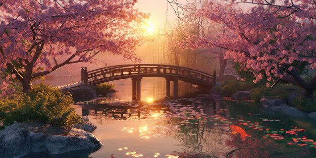 Un jardín Zen sereno al amanecer con un arroyo que fluye suavemente resplandeciente