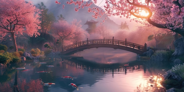 Un jardín Zen sereno al amanecer con un arroyo que fluye suavemente resplandeciente