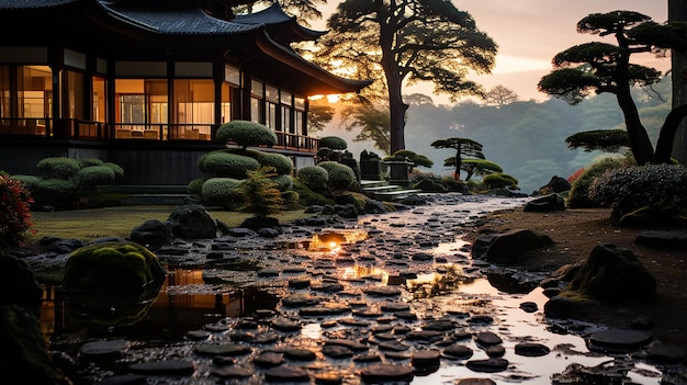 Un jardín Zen sereno con grava meticulosamente rastrillada.