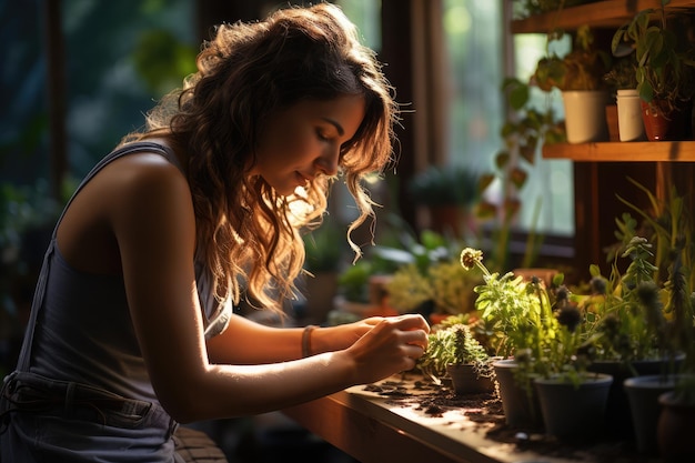 Jardinagem em casas com plantas em vasos dispostas nos parapeitos das janelas e uma pessoa cuidando de uma variedade de plantas de interior Fotografia usando luz natural para capturar o calor e a familiaridade do cenário