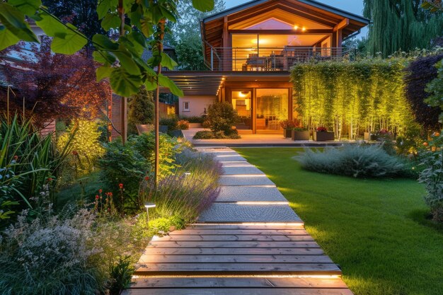 jardinagem moderna com caminho iluminado para uma casa residencial k foto real