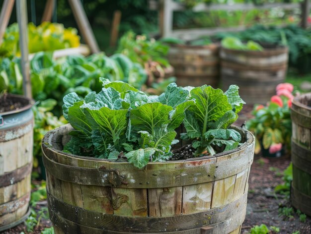 Jardinagem orgânica Cultivo de plantas de legumes verdes em recipientes de vaso de madeira no Hyde Hall Garden Esse