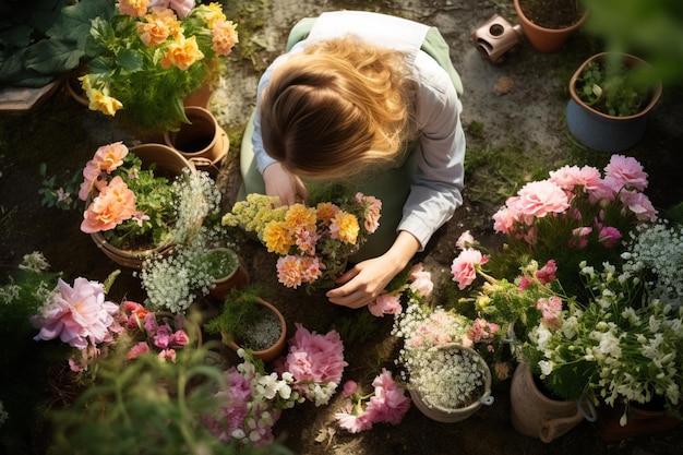 Jardineira feminina irreconhecível plantando flores em seu jardim Jardinagem Vista aérea