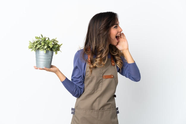 Jardineira segurando uma planta no fundo branco e gritando com a boca aberta para o lado