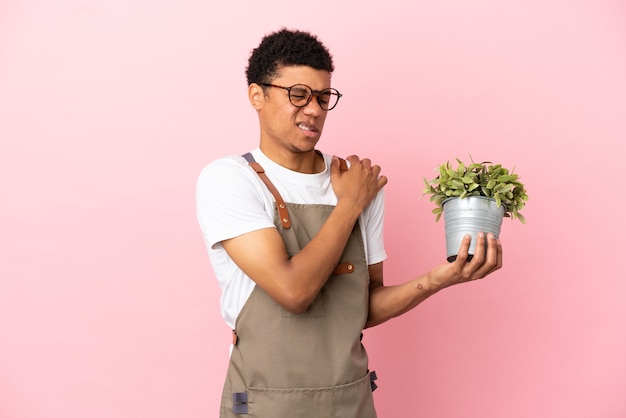 Jardineiro africano segurando uma planta isolada em um fundo rosa, sofrendo de dor no ombro por ter feito um esforço