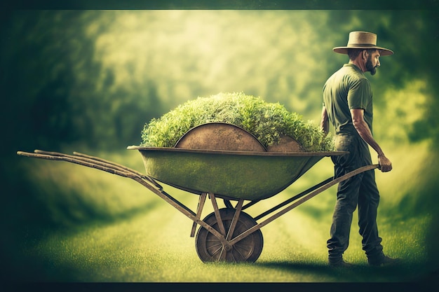 Jardineiro carregando carrinho de mão cheio de terra e grama pelo jardim