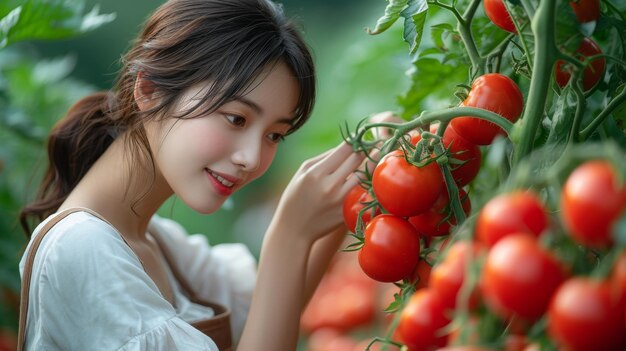 Jardineiro colhendo tomates com um sorriso