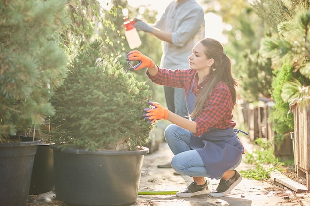 Foto jardineiro de menina vestido de avental está podando plantas no lindo viveiro-jardim em um dia ensolarado. .