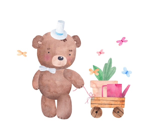 Jardineiro de urso Urso de pelúcia fofo com flor de carrinho de brinquedo e regador Ilustração em aquarela