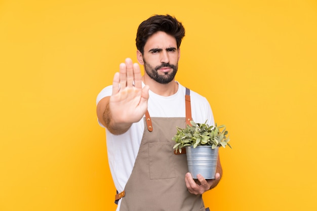 Jardineiro homem com barba sobre parede amarela isolada, fazendo o gesto de parada com a mão
