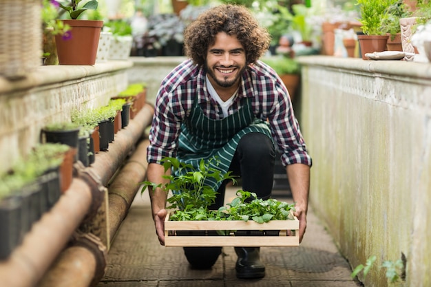 Foto jardineiro masculino, mantendo as plantas engradado no flu