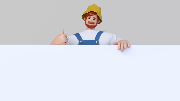 Jardineiro mostrando os polegares para cima gesto segurando no modelo de banner renderização 3d