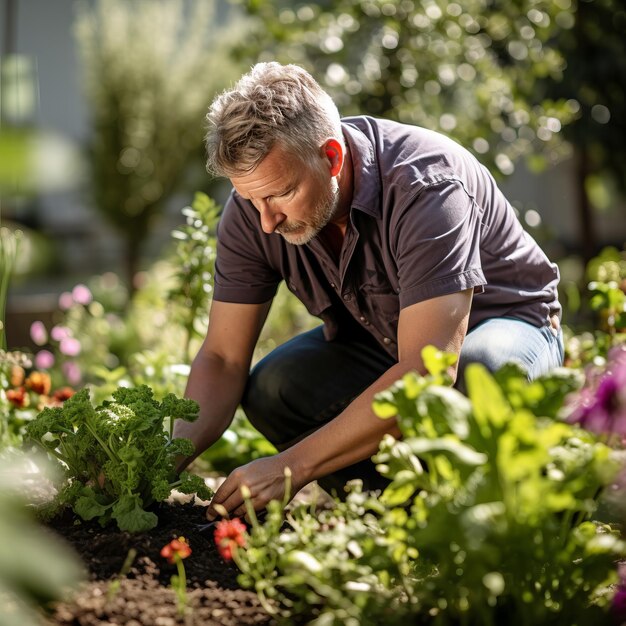 Jardineiro plantando plantas companheiras repelentes de pragas Jardim diversificado com culturas plantadas estrategicamente a