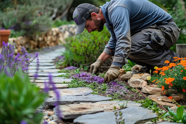 Foto jardineiro profissional que coloca lajes texturizadas para decoração de jardim com um grande espaço vazio para texto ou produto ia geradora