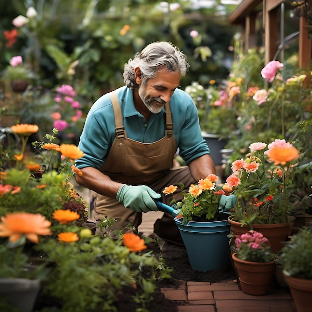 jardineiro que adora cultivar e cuidar de várias plantas e flores