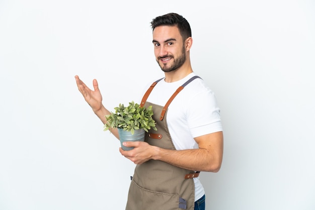 Jardineiro segurando uma planta isolada em uma parede branca, estendendo as mãos para o lado para convidá-la a vir