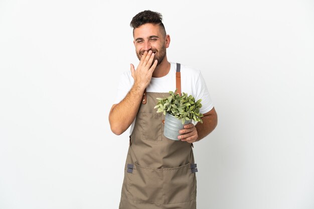 Jardineiro segurando uma planta sobre um branco isolado, feliz e sorridente, cobrindo a boca com a mão