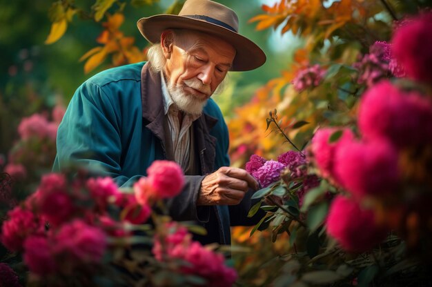 Jardineiro sênior podando flores coloridas de verão Homem idoso cortando arbustos floridos Gerar Ai