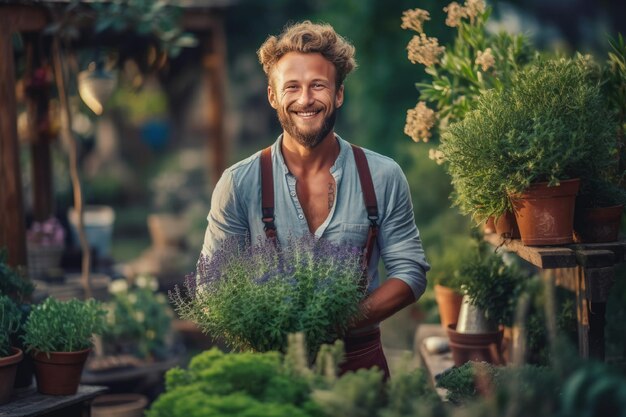 Jardineiro sorridente e florista em floricultura e planta com planta de lavanda