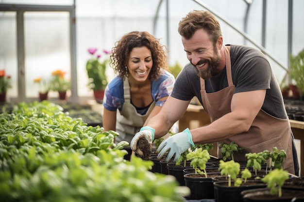 jardineiros a cultivar plantas em estufa