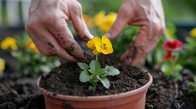 Jardineiros plantando flores em vasos