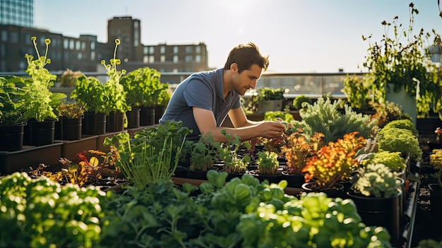 Jardineiros urbanos cultivando plantas em um oásis na cobertura