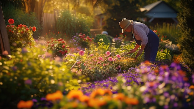 Jardiner atractivo trabajando y plantando flores en el jardín con flores aig