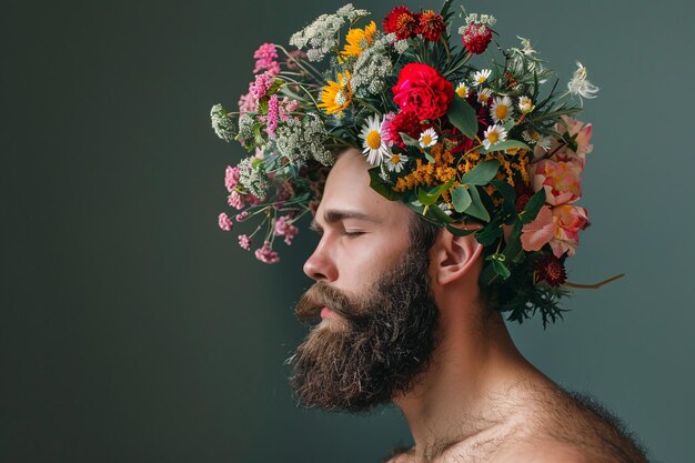 Jardiner barbudo en busca de serenidad con los ojos cerrados y una corona floral en la cabeza