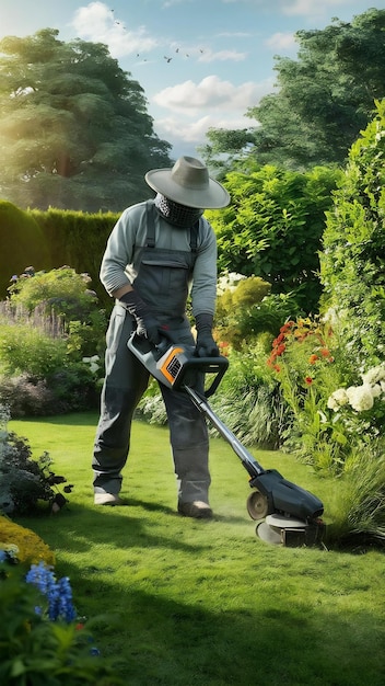 Foto jardiner con un cortador de hierba cortando el césped en el jardín