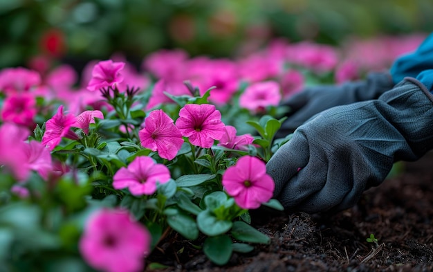 Jardiner plantando flores en el jardín de cerca