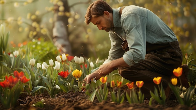 Jardiner plantando flores en el jardín