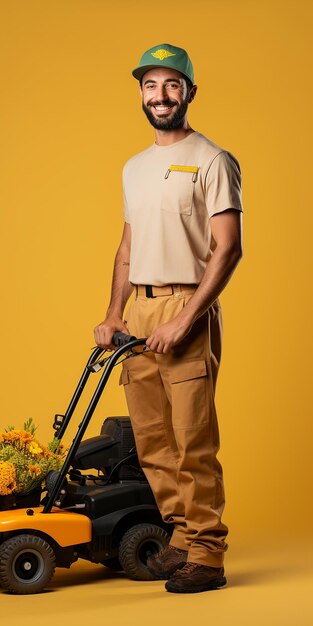 Jardiner profesional en un fondo amarillo sólido