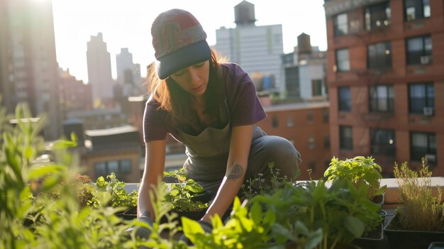 Jardiner urbano que cuida plantas vibrantes en los techos que ejemplifican la vida sostenible en el bullicioso paisaje urbano