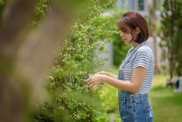 Una jardinera asiática está podando plantas en el jardín.