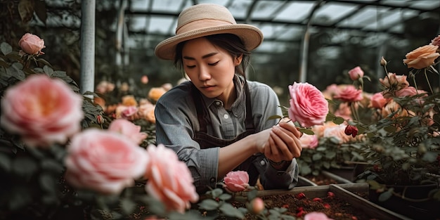 Una jardinera asiática recoge y cuida rosas en el invernadero IA generativa