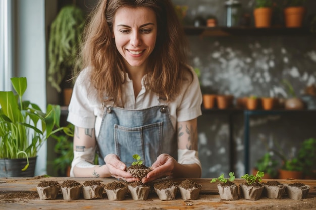 Una jardinera feliz sembrando semillas en el jardín de su casa