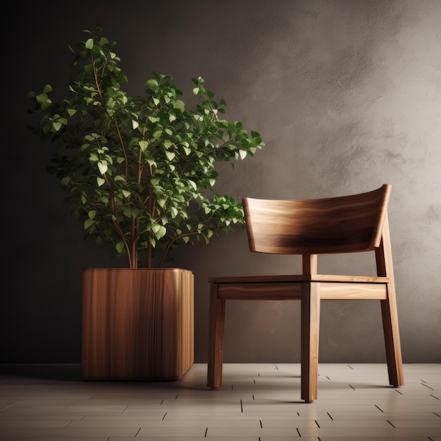Jardinera moderna y silla de madera con vegetación fresca perfecta para la decoración del hogar