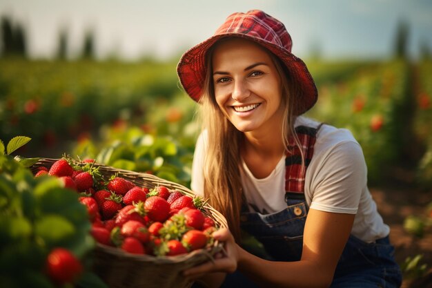 Jardinera sonriente recogiendo fresas en el campo