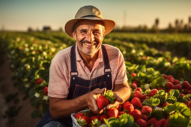 Jardinera sonriente recogiendo fresas en el campo