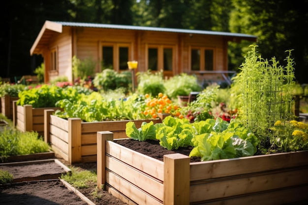 Jardineras elevadas llenas de vegetales prósperos en un patio soleado