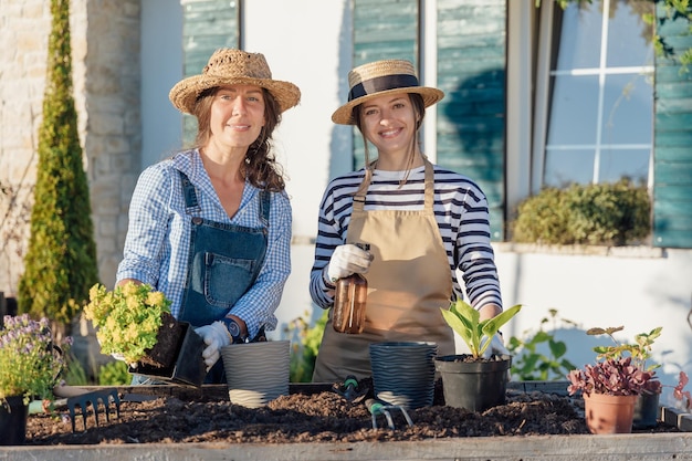 Las jardineras replantan plantas de una maceta en el jardín