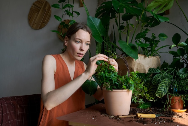 Las jardineras trasplantaron la planta en una mesa en maceta concepto de jardín en el hogar tiempo de primavera elegante interior...