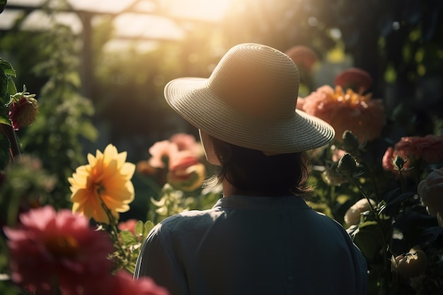 Jardinería de floricultura Vista trasera de una joven jardinera irreconocible con sombrero de paja disfrutando en un floreciente jardín de flores al aire libre AI generativa