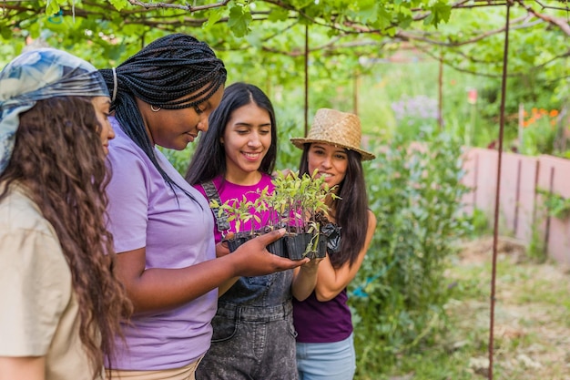 Foto jardinería en jardín urbano orgánico multidimensional latina cubana venezolana hispana y mujer marroquí