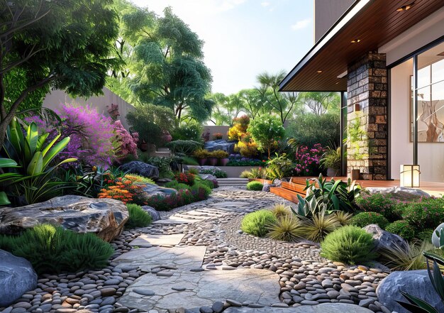 Jardinería con rocas y plantas