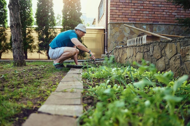 Jardinero calificado que se dedica al cultivo de hortalizas orgánicas en plántulas de lechuga en campo abierto en primavera