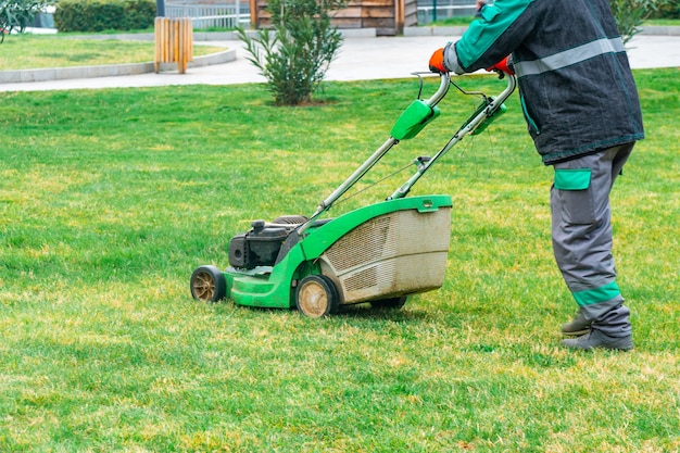 El jardinero cortando césped con cortadora de césped