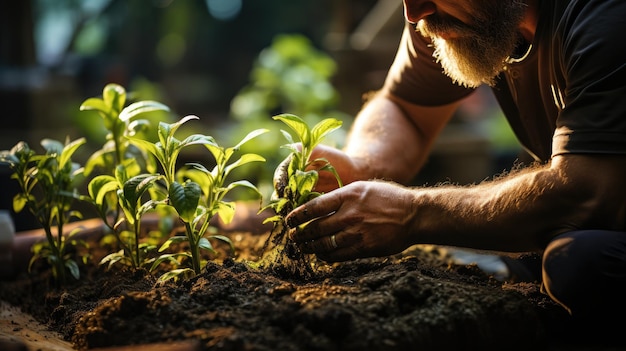 Foto jardinero dedicado que cuida meticulosamente una planta.